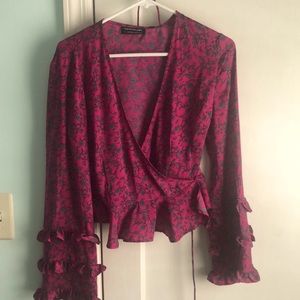 Floral magenta wrap top with long sleeves